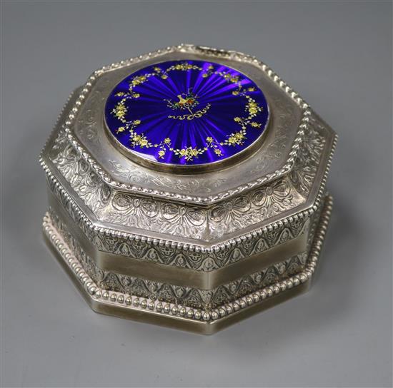 A George V embossed silver and enamel octagonal casket, by S. Blanckensee & Sons Ltd, Chester, 1930, gross 11.5 oz.